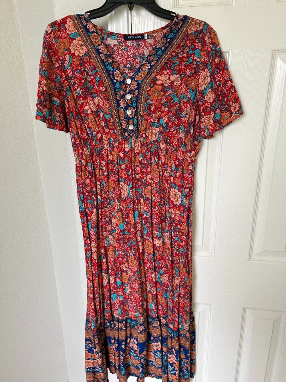 Kojooin Red Floral Print Summer Boho Dress with Button V Neck - Size Large